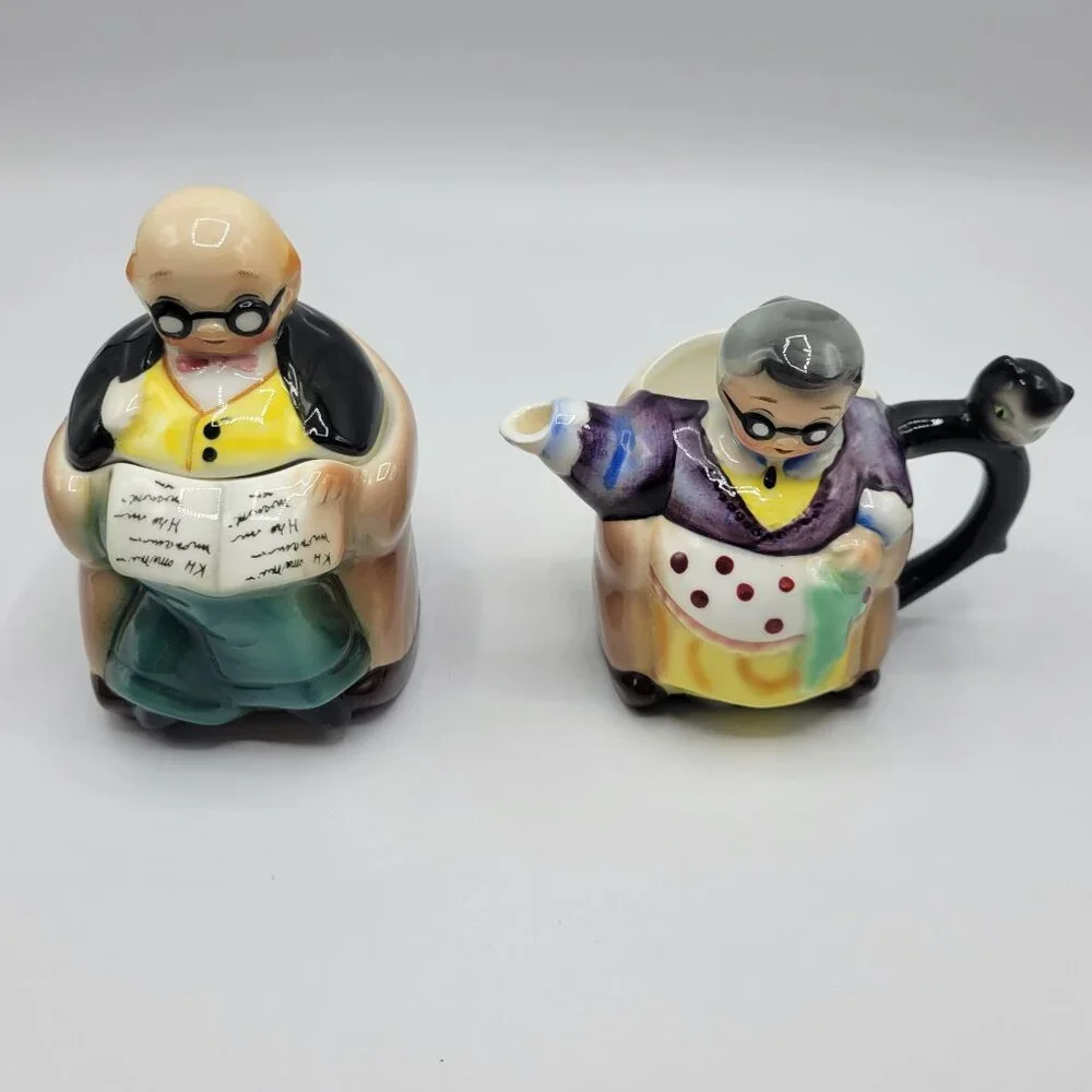 Vintage Hand Painted Japan Grandparents Creamer & Sugar Bowl Set